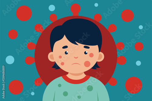 Cartoon Child With Spots on Face Isolated on Turquoise Background
