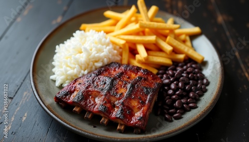 Delicious Ribs with Fries Rice and Beans