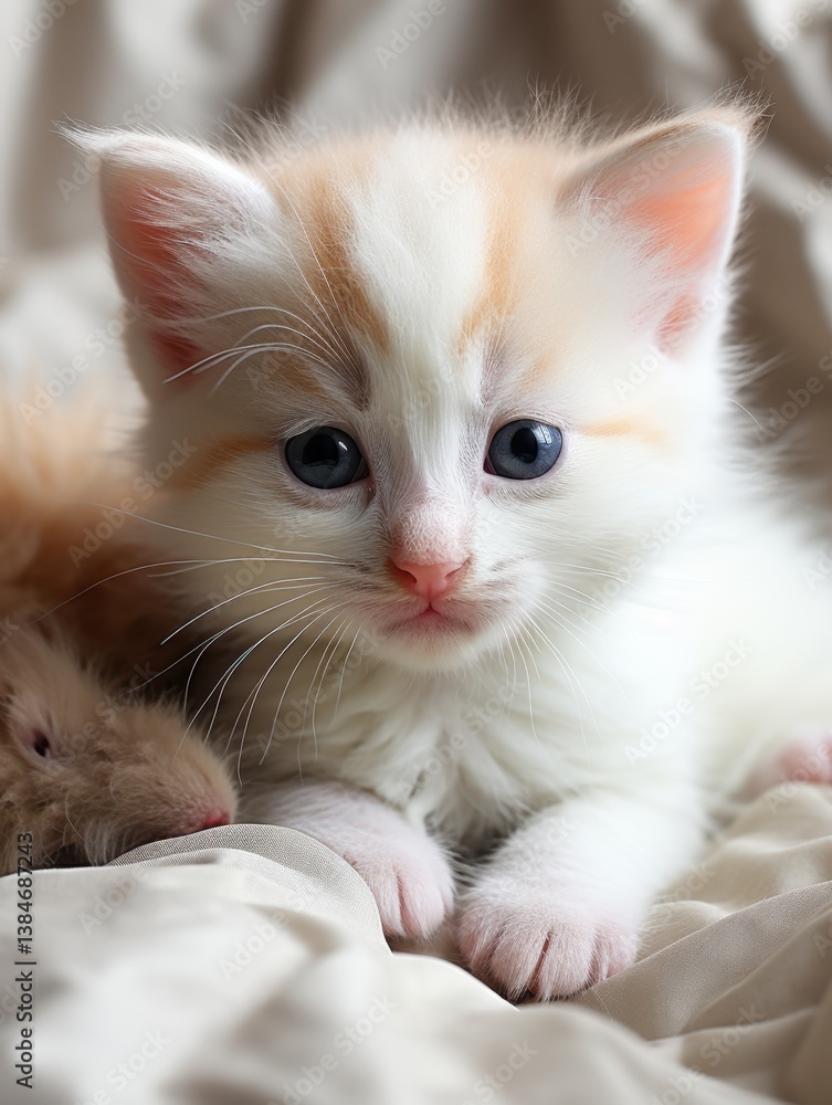 A fluffy kitten with white and orange fur lying on a soft blanket looking at the camera sweetly A fluffy kitten with white and orange fur lying on a soft blanket looking at the camera sweetly