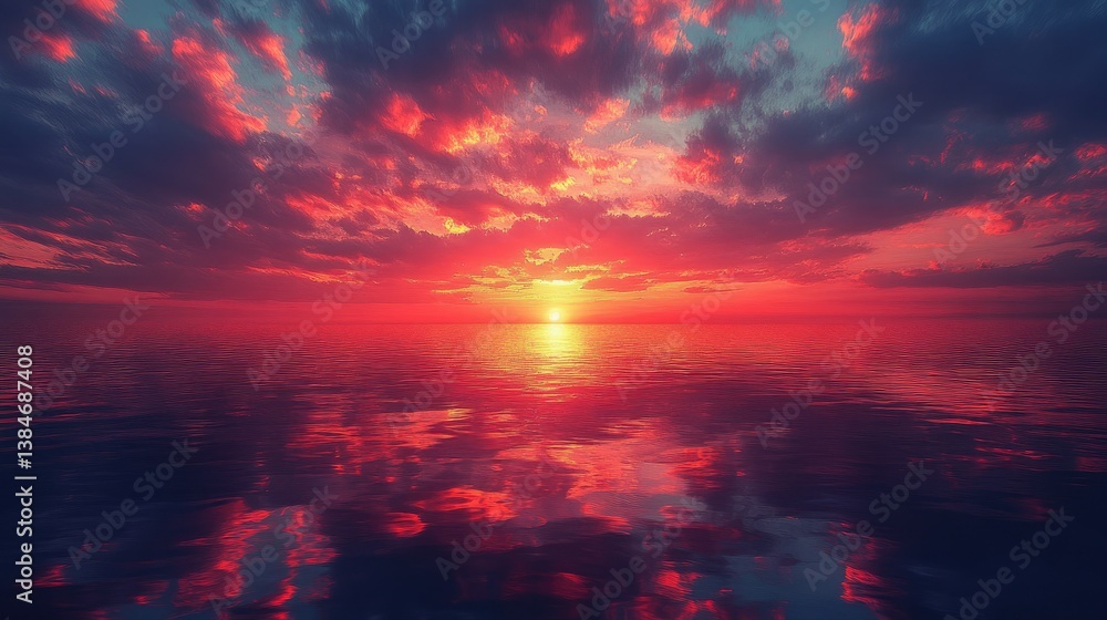 Naklejka premium Vibrant sunset over calm ocean waters with dramatic clouds reflecting warm colors