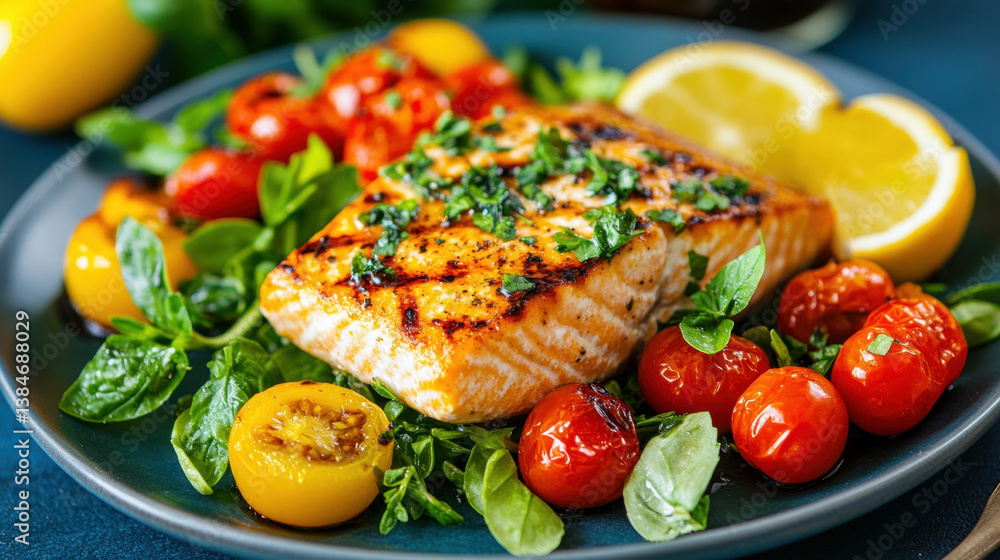 Menu of tomato, Grilled salmon with tomatoes, herbs, and lemon on a dark plate, showcasing a colorful, appetizing dish. Menu of tomato, Grilled salmon with tomatoes, herbs, and lemon on a dark plate, showcasing a colorful, appetizing dish.