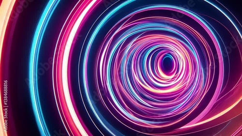 Neon light trails create mesmerizing circular patterns in dynamic colors, Abstract neon light trails forming circular patterns on dark background