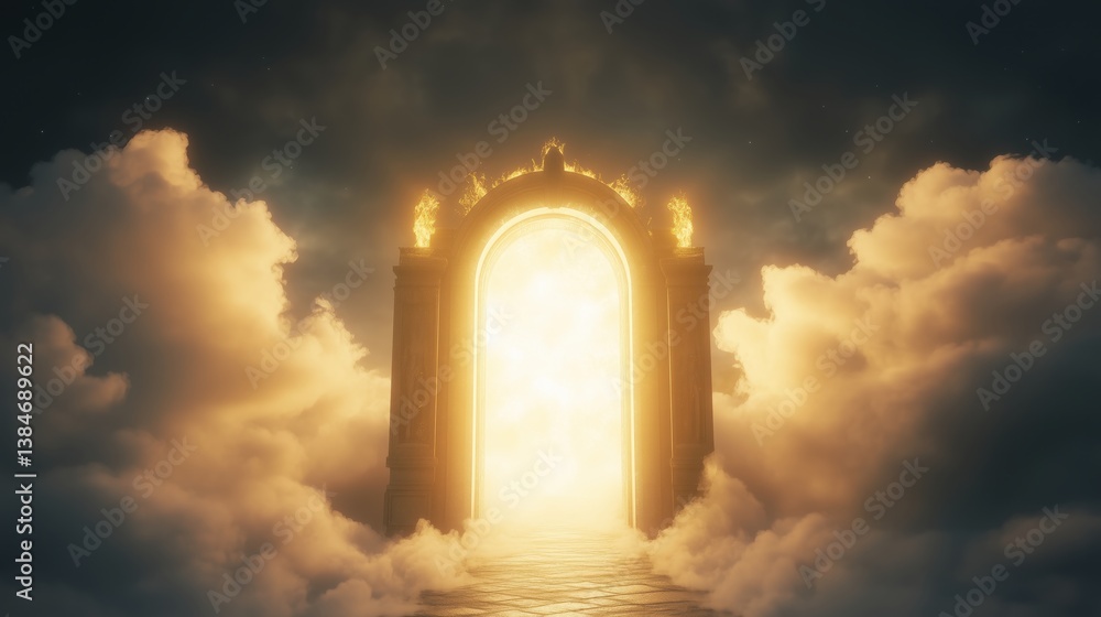 Fototapeta premium Radiating light from within soft, swirling clouds, the ethereal gateway rises majestically, a luminous beacon of hope and transcendence in a dreamlike sky.