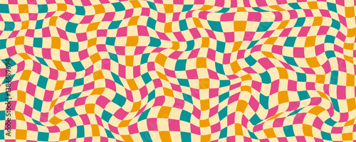 Abstract Geometrical Checkerboard Background with Retro Colors. Psychedelic design with distortion grid effect. Twisted wavy, groovy and trippy chessboard. Distorted funky 70s hippie art