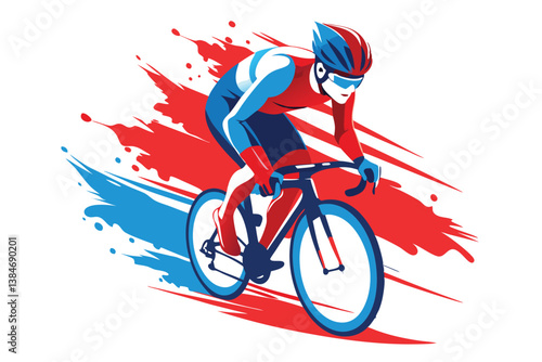 Dynamic Cyclist with Helmet Riding Bike on White Background, Red and Blue Abstract Accents