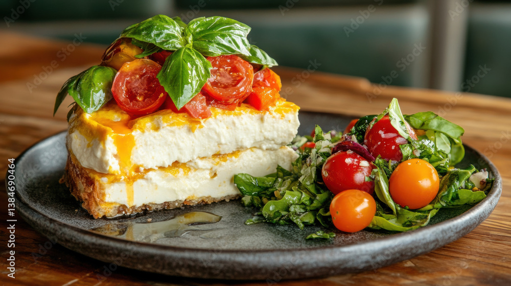 Menu of tomato, Delicious layered cheesecake topped with cherry tomatoes and fresh basil, served with a side salad. Menu of tomato, Delicious layered cheesecake topped with cherry tomatoes and fresh basil, served with a side salad.