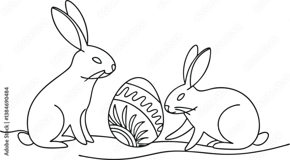 Obraz premium Adorable Easter Bunnies with Decorated Egg, Celebrate Spring with Cute Bunny Art, Perfect Easter Illustration for Festive Cheer