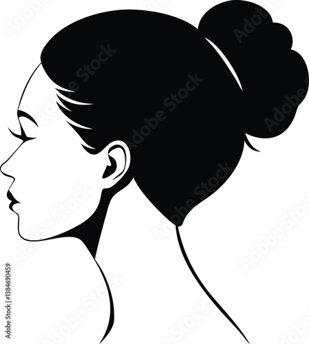 Elegant Woman Portrait Silhouette with Hair Bun on Transparent Background