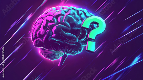 Pixelated Brain Illustration With Neon Question Mark Against A Gradient Purple And Blue Background Representing Thought And Idea