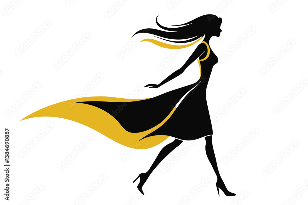 Fashionable Silhouette Woman Walking, Flowing Dress with Gold Trim on White Background Fashionable Silhouette Woman Walking, Flowing Dress with Gold Trim on White Background