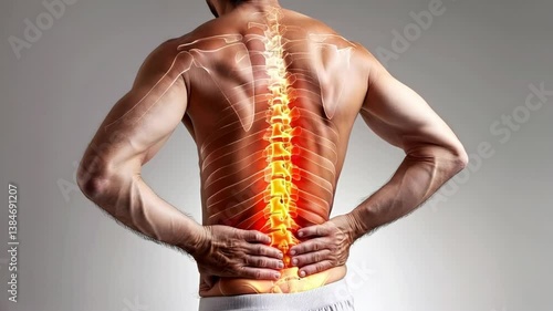Anatomical illustration of a human spine with highlighted lumbar region, showcasing back pain relief