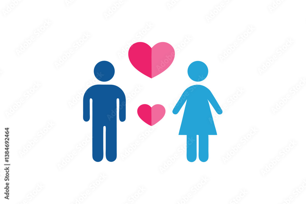 Love Concept Flat Style Male Female Figures with Pink Heart on White Love Concept Flat Style Male Female Figures with Pink Heart on White
