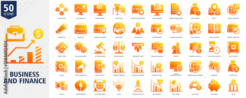 Business and Finance Icon Set glyph gradient Style with blockchain, data analytics, making money, work place, business management, online banking, content management, time is money, global marketing
