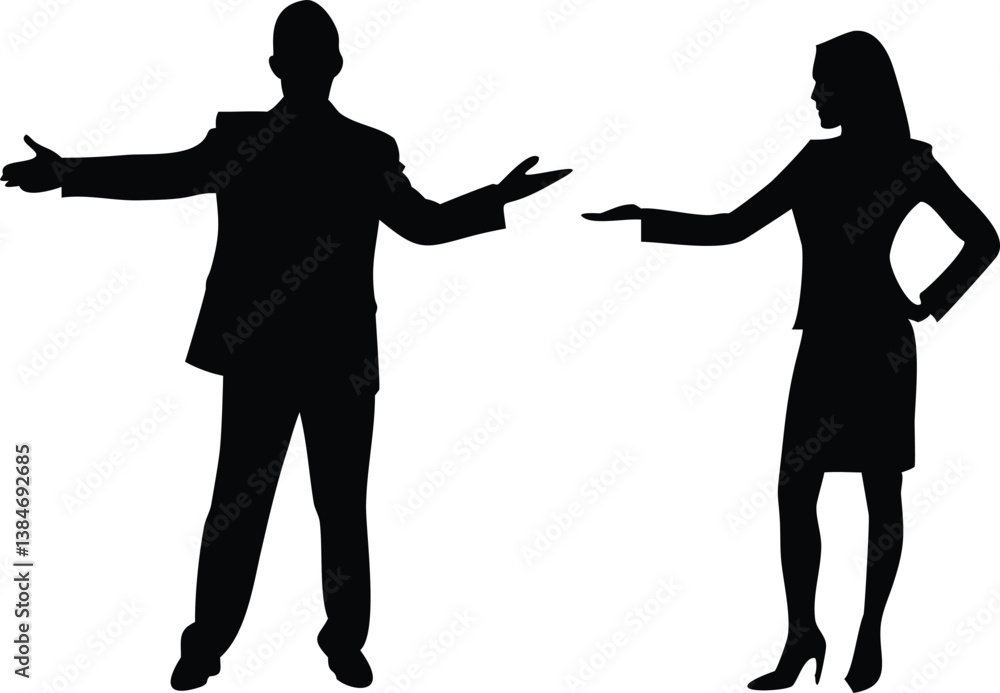 Fototapeta premium Man Offers, Woman Points Silhouette with Transparent Background; Business Gesture