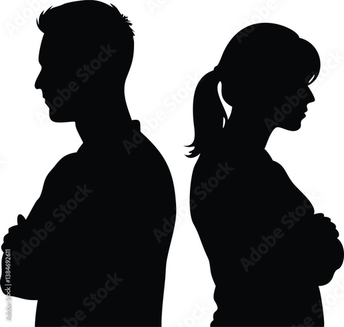 Man and Woman BacktoBack Silhouette with Arms Crossed on White Background