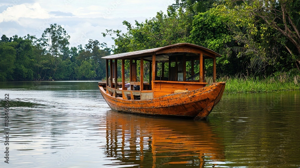 Fototapeta premium A rustic wooden boat floats on a serene green river
