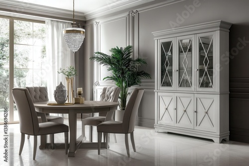 Gray dining room with a wide perspective and a storage cupboard generative ai