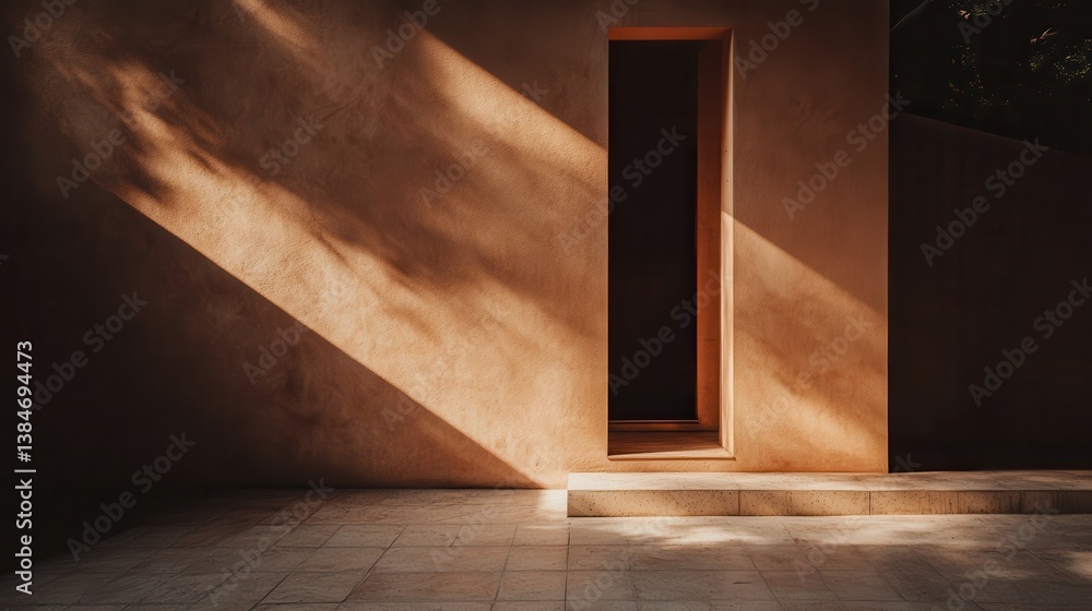 Sunlit doorway, stucco wall, shadows, tranquil garden Sunlit doorway, stucco wall, shadows, tranquil garden