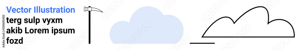 Two stylized clouds in solid blue and outline style, minimalist scythe shape, and placeholder text. Ideal for weather, simplicity, technology, presentation, education, design simple landing page Two stylized clouds in solid blue and outline style, minimalist scythe shape, and placeholder text. Ideal for weather, simplicity, technology, presentation, education, design simple landing page