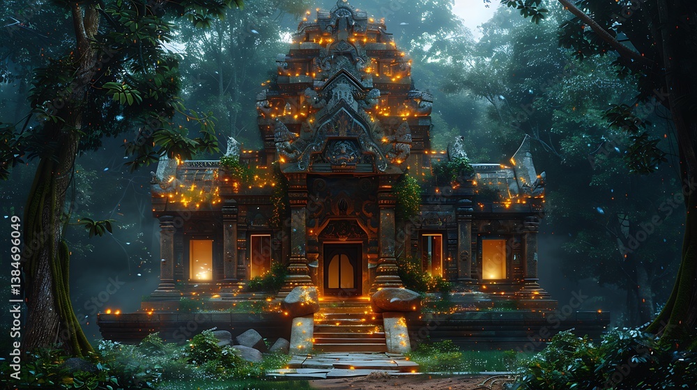 Fototapeta premium Enchanting Ancient Temple Ruins Illuminated by Firefly Lights in Lush Jungle