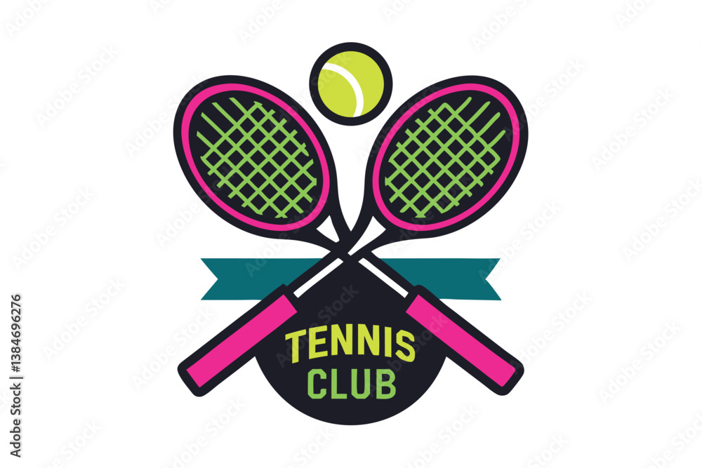 Sport Icon of Two Rackets Crossed with a Ball and Ribbon on White Background Sport Icon of Two Rackets Crossed with a Ball and Ribbon on White Background