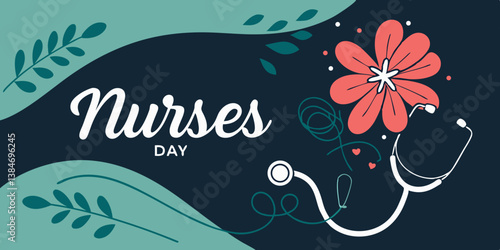 International Nurses day May 12 poster with text, flower, heart and stethoscope on a navy blue background vector illustration
