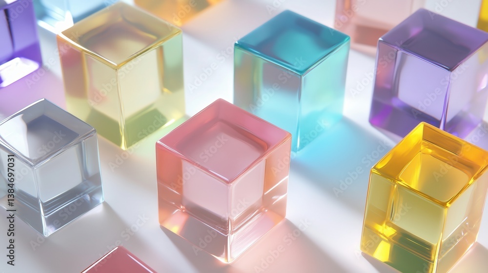 Obraz premium A graceful arrangement of transparent cubes captures and bends light into soft, prismatic hues, creating a modern spectacle of minimalist elegance.