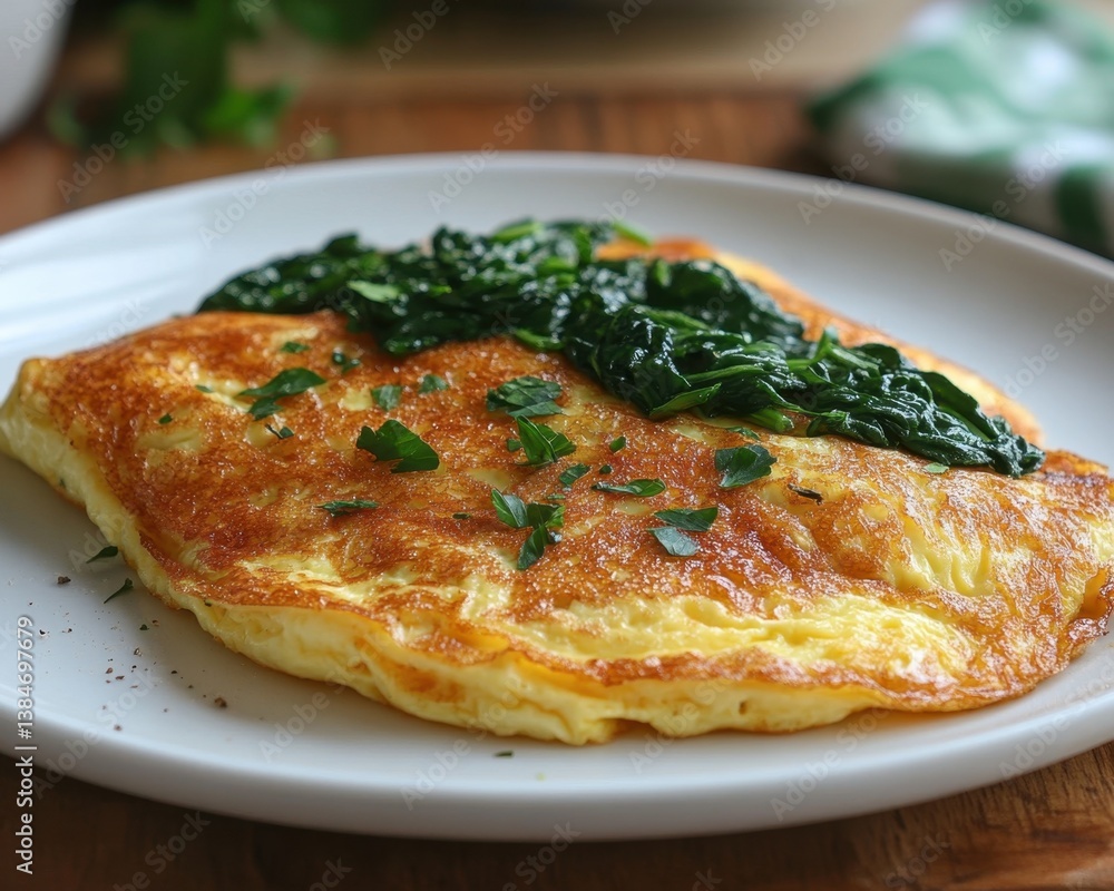 Delicious Spinach Omelette on a White Plate with Fresh Parsley Garnish Delicious Spinach Omelette on a White Plate with Fresh Parsley Garnish