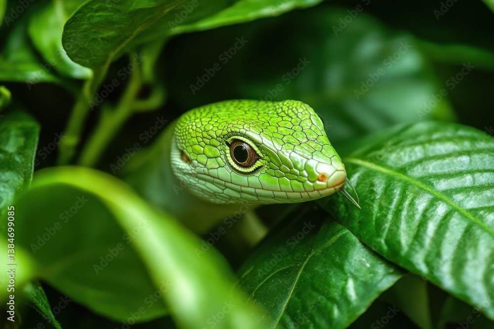 Fototapeta premium Green Gryllidae captures closeup view while feeding on lush green leaves in a vibrant garden setting, Close-up of a green Gryllidae eating the leaves of the plant