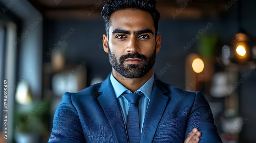 Naklejka premium Leaning subtly on a glass partition, a confident professional evokes readiness for seamless collaboration across organizational segments. Intense contrast highlights the carefully tailored suit, 