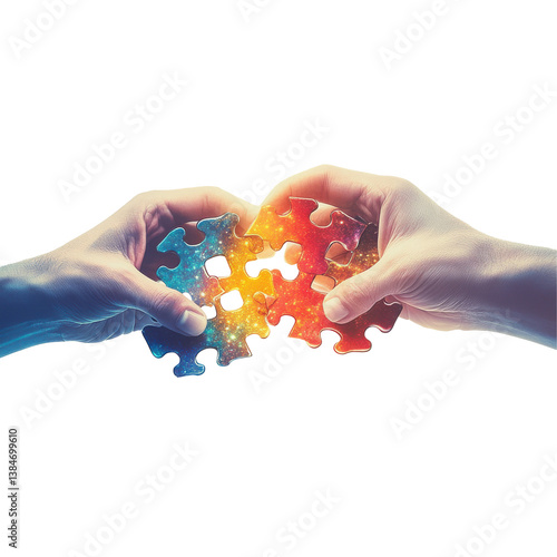 Hands Connecting Colorful Galaxy Puzzle Pieces Teamwork Collaboration
