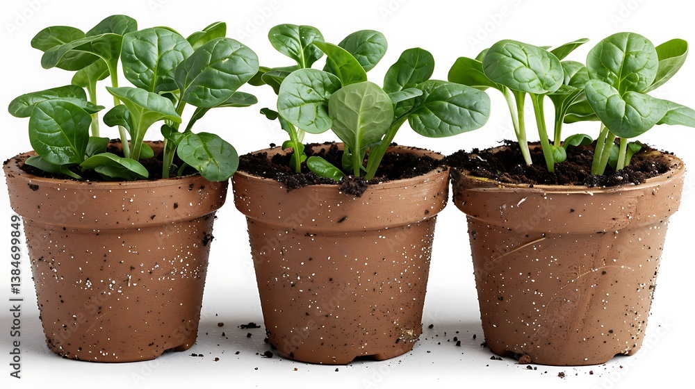 Three potted spinach seedlings thriving in terracotta pots soil gardening growth spring Three potted spinach seedlings thriving in terracotta pots soil gardening growth spring