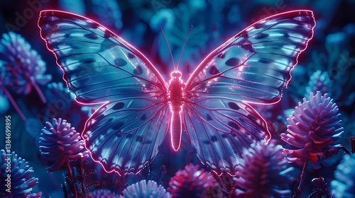 Vibrant Neon Butterfly Amongst Flowers A Surreal Digital Art Image