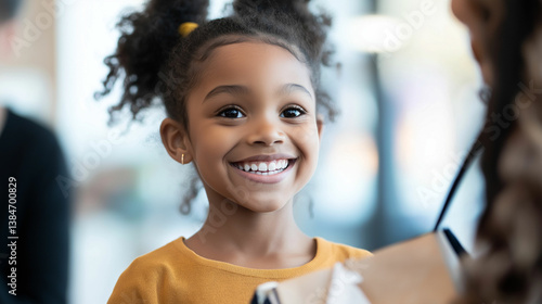 Smiling African-American girl engaging in cheerful conversation indoors with bright background