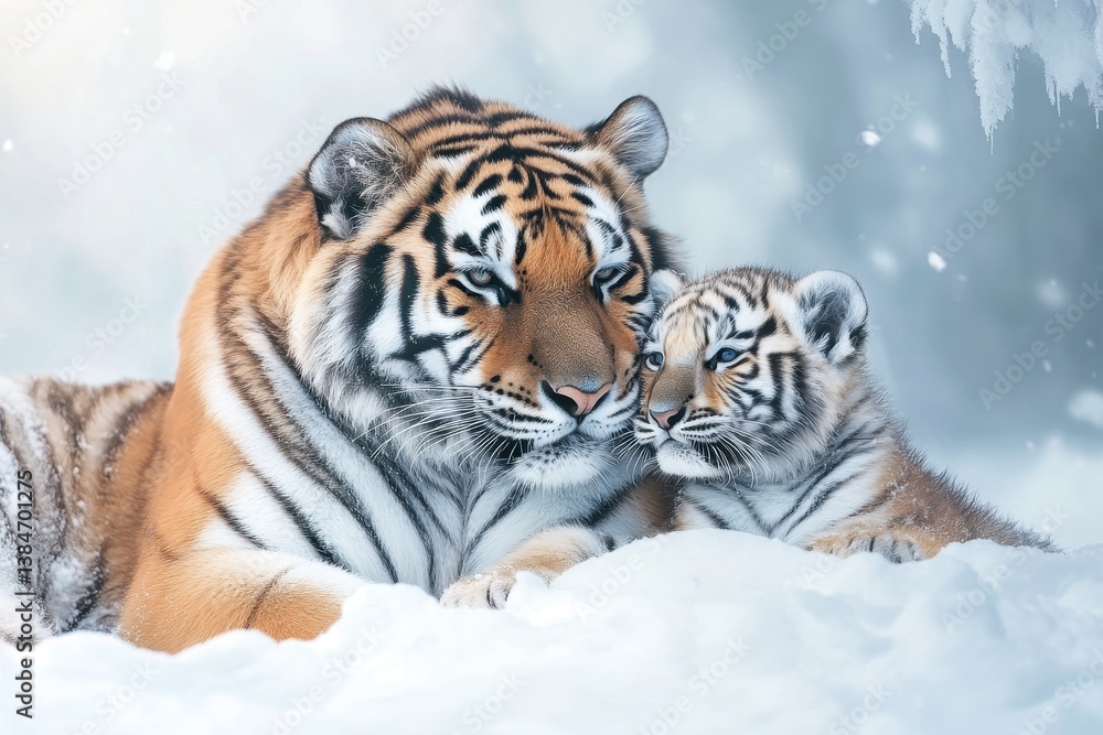 Fototapeta premium Siberian tiger family bonding in a snowy winter landscape, Siberian tiger family