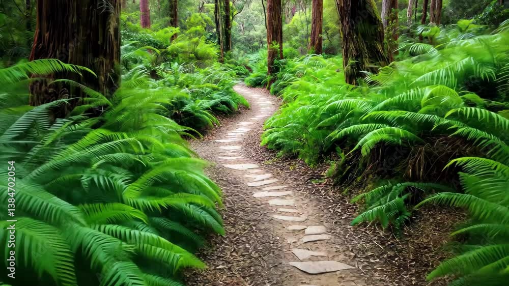 Hiking trail winding through lush greenery in Otway National Park during Australian rain, Hiking trail in Otway National Park Australian rainforest Victoria Australia Hiking trail winding through lush greenery in Otway National Park during Australian rain, Hiking trail in Otway National Park Australian rainforest Victoria Australia