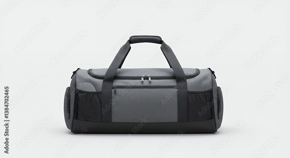 Studio shot showcasing a modern grey duffel bag, perfect for active lifestyles Studio shot showcasing a modern grey duffel bag, perfect for active lifestyles