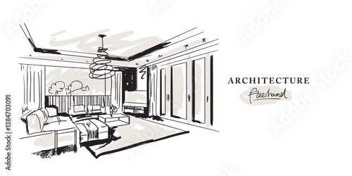 Architecture interior design freehand drawing, Sketch Hand drawn Drawing design.