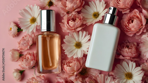 Two bottles for cosmetic and perfume products, one transparent glass, the other white glossy, lie on a floral background