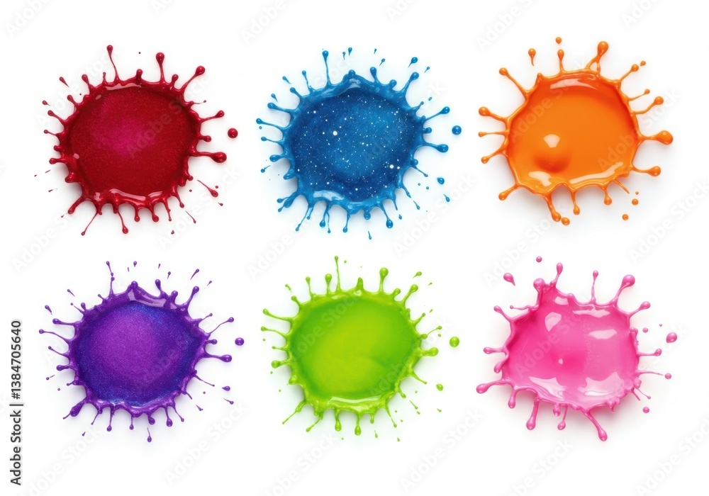 A collection of six vibrant, abstract paint splashes on a white background A collection of six vibrant, abstract paint splashes on a white background