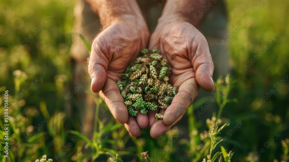Hands Holding Pine Cones in a Vibrant Green Field Landscape Hands Holding Pine Cones in a Vibrant Green Field Landscape