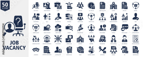 Job Vacancy Icon Set glyph Style with job vacancy, online interview, salary, career choice, selection, full time job, curriculum vitae, company, applicant and referral
