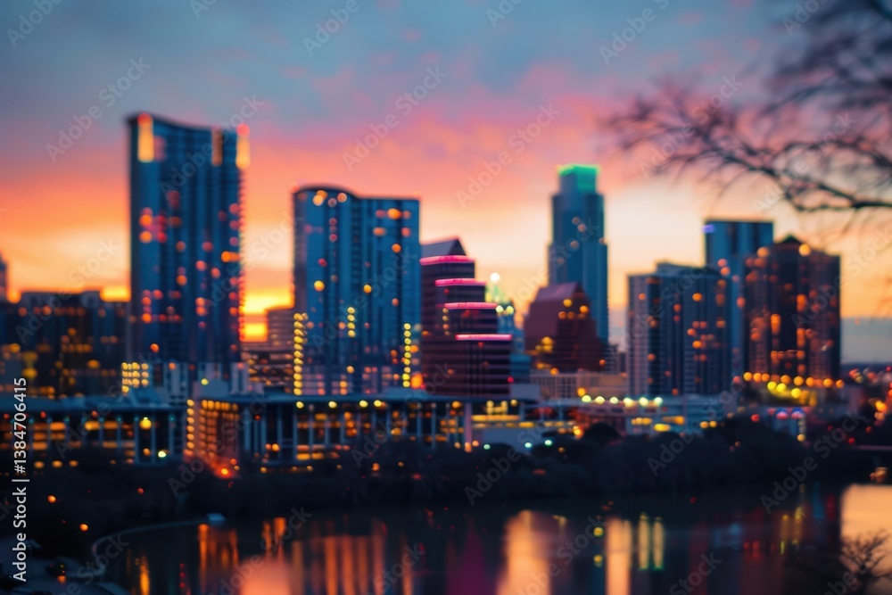 Breathtaking Evening Skyline of Austin with Colorful Sunset Glow Breathtaking Evening Skyline of Austin with Colorful Sunset Glow