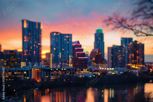 Breathtaking Evening Skyline of Austin with Colorful Sunset Glow