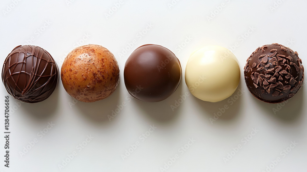 Assorted gourmet chocolate truffles arranged in two neat rows on white background, various textures and flavors