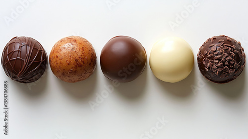 Obraz na płótnie Assorted gourmet chocolate truffles arranged in two neat rows on white background, various textures and flavors w salonie