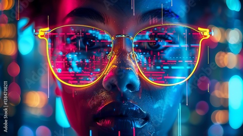 Futuristic Woman Wearing Glasses Reflecting Digital Data Neon Cityscape