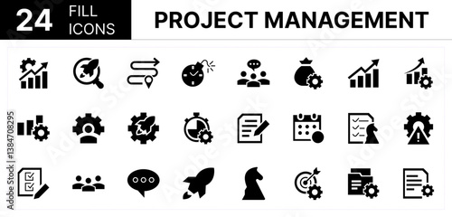 Collection of 24 Project management fill icons featuring editable strokes. These outline icons depict various modes of Project management, finance, growth, goal, setup, workflow, meeting, 