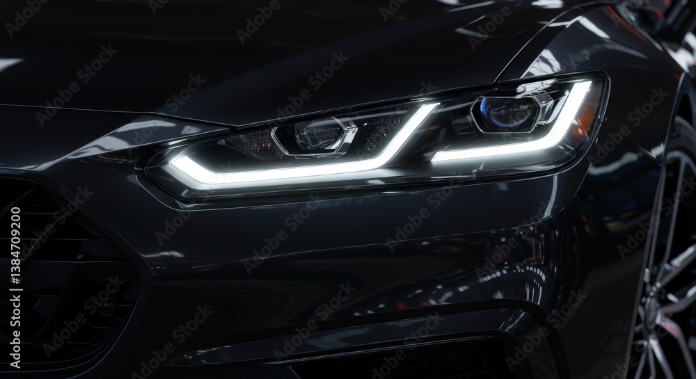 Fototapeta premium sleek black sports car with sharp, angular led headlights illuminating a dimly lit garage. generative ai