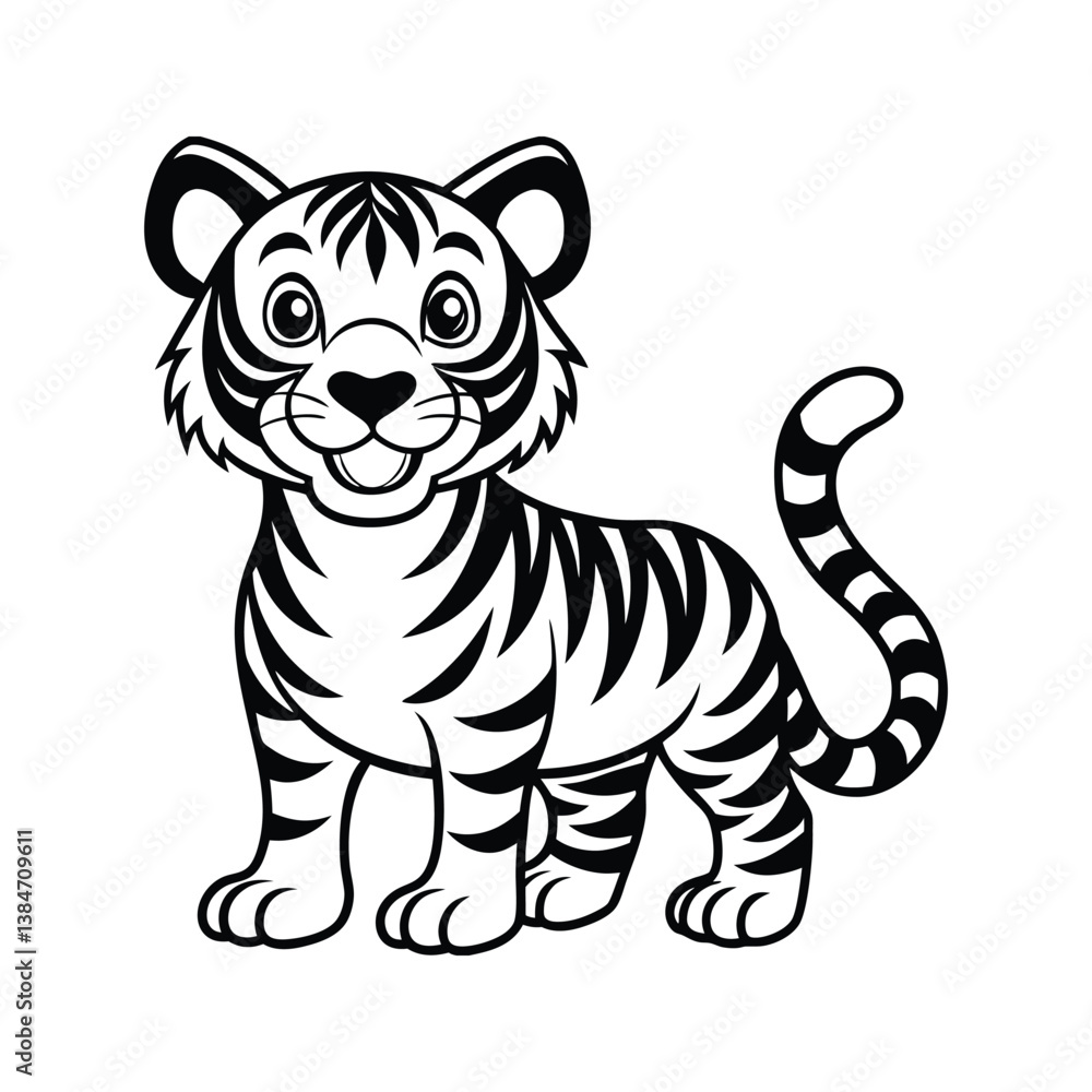 Black and white tiger character silhouette isolated on white background Black and white tiger character silhouette isolated on white background